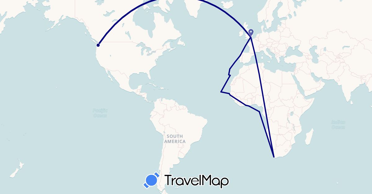 TravelMap itinerary: driving in Côte d'Ivoire, Cape Verde, Spain, United Kingdom, Ghana, Gambia, Namibia, Portugal, Senegal, São Tomé and Príncipe, United States, South Africa (Africa, Europe, North America)